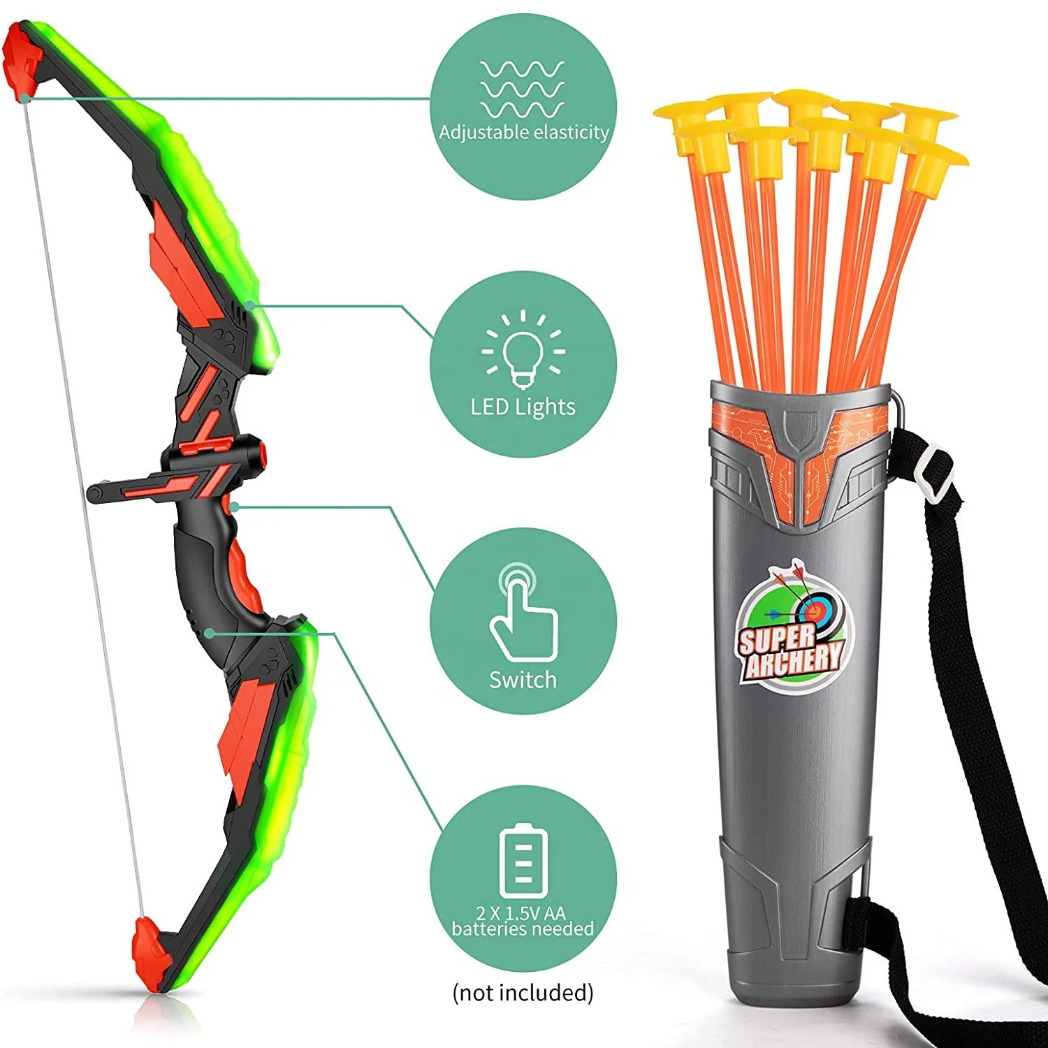 Set Tiro Con L'Arco Per Bambini 4-12 Anni Con Bersaglio Luminoso A LED – Include 2 Archi, Frecce Ventose E Pistole In Schiuma – Giocattolo Sportivo Per Esterno/Interno