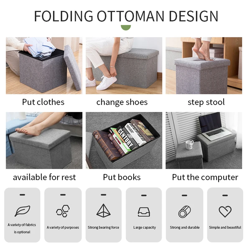 Factory Wholesale Fashion Modern Home Furniture Promotion Wholesale Linen Jute Cube Foldable Storage Pouffe Ottoman Footstool