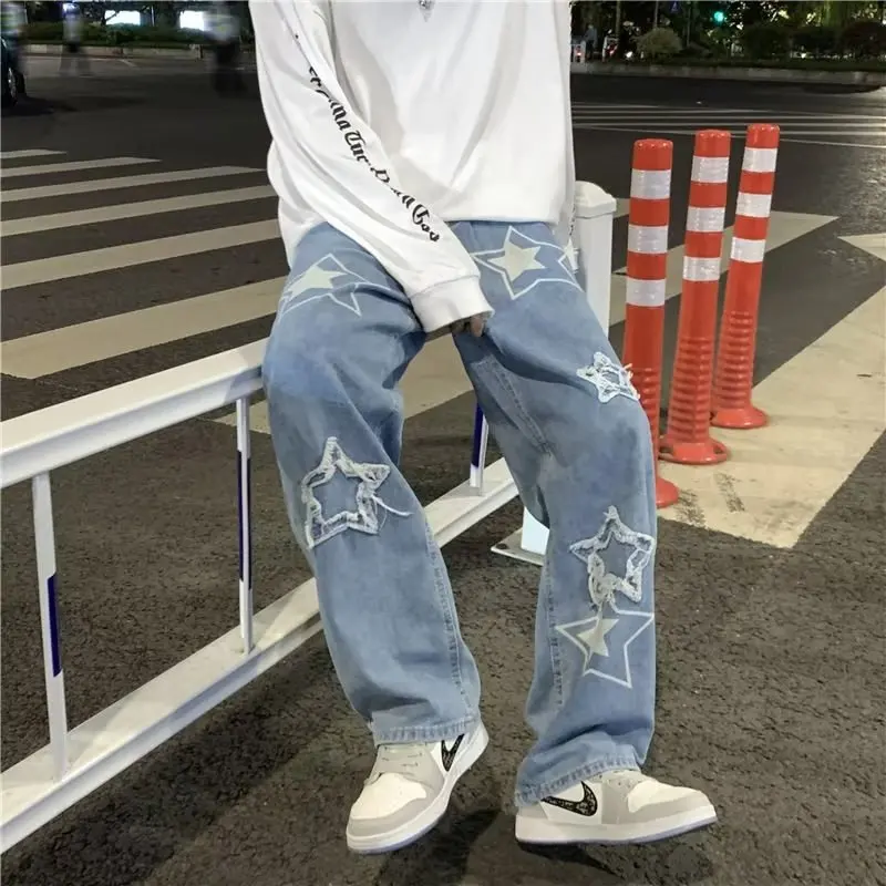 Vintage Star Men's Light Wash Baggy Jeans Mid Casual Korean Denim Pants Streetwear Printed Patchwork Y2K Male Straight Trousers