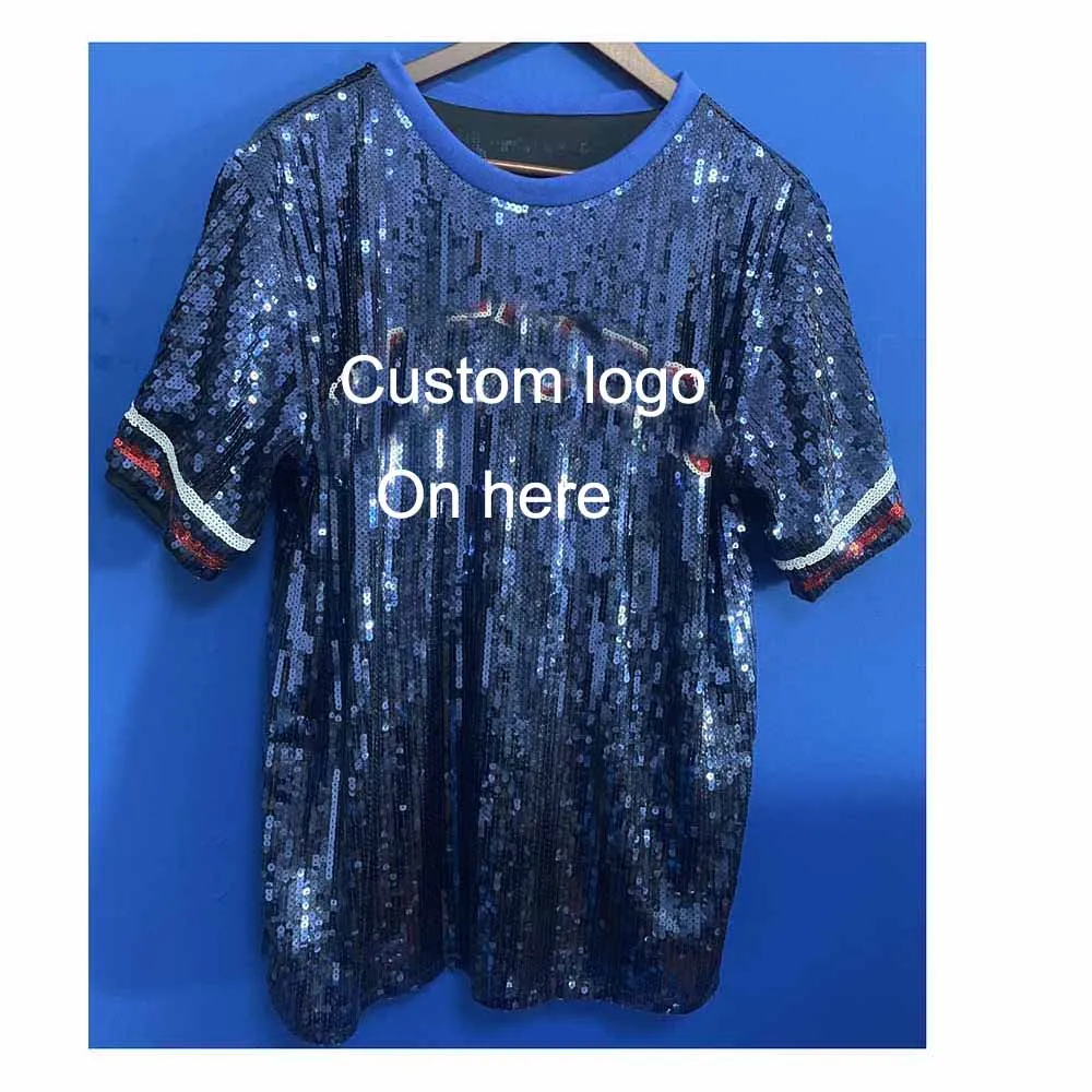Wholesale Custom Green Sequin Jersey Dress T-Shirt Tops Bling Casual Short  Sleeve Sequin Dress in Stock