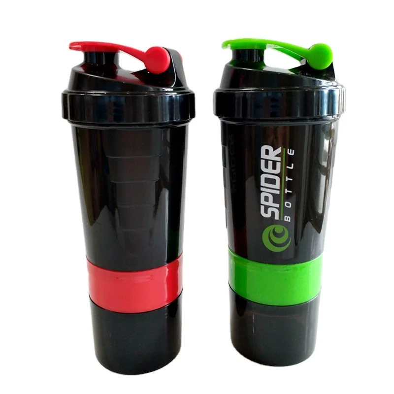 500ml 3-in-1 Plastic Spider Protein for Shaker Bottle with Two Powder Storage Cups and Compartment for Drinkware