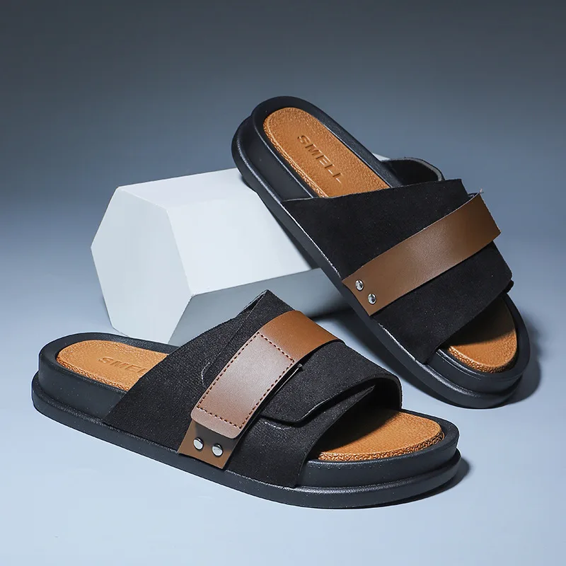 Casual Slippers for Men Leather With Double Straps and Metal Buckles Flat  Bottomed Anti Slip Mens Sandals New Model