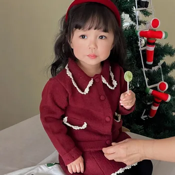 Autumn and Winter Casual Girls Christmas Two Piece Set Hand-Crocheted Warm Outfit Top + Skirt Girls Baby Sweet Clothing Set