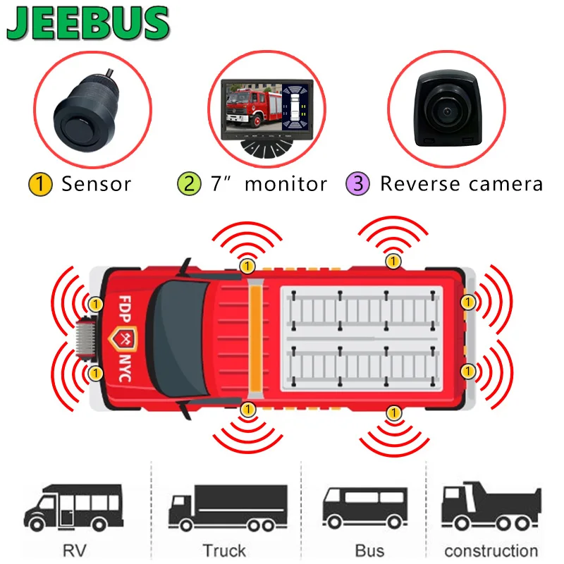 Backup Reverse Camera with 8 Sensors Parking Radar Sensor Monitor System with 7 inch Monitor