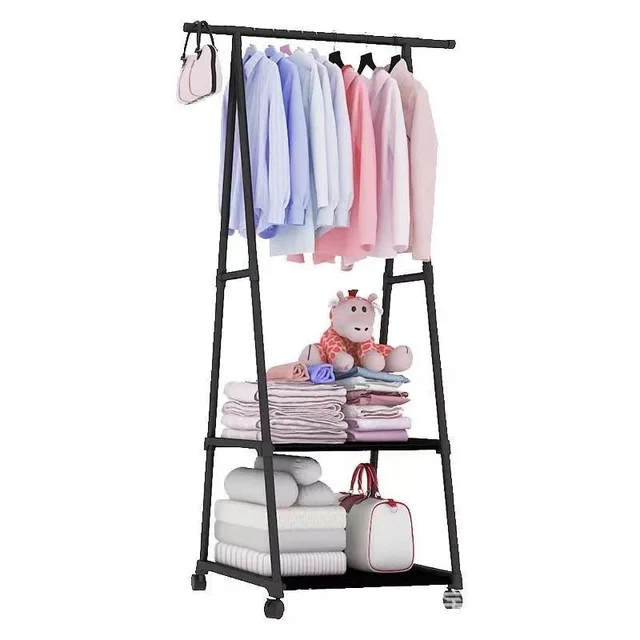 Double Tiers Simple Coat Rack Hangers Movable and Wheeled Storage Rack for Bedroom for Tools