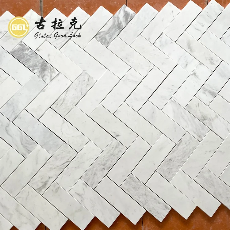 Volakas White Marble Herringbone Marble Mosaic For Bathroom Floor Tiles