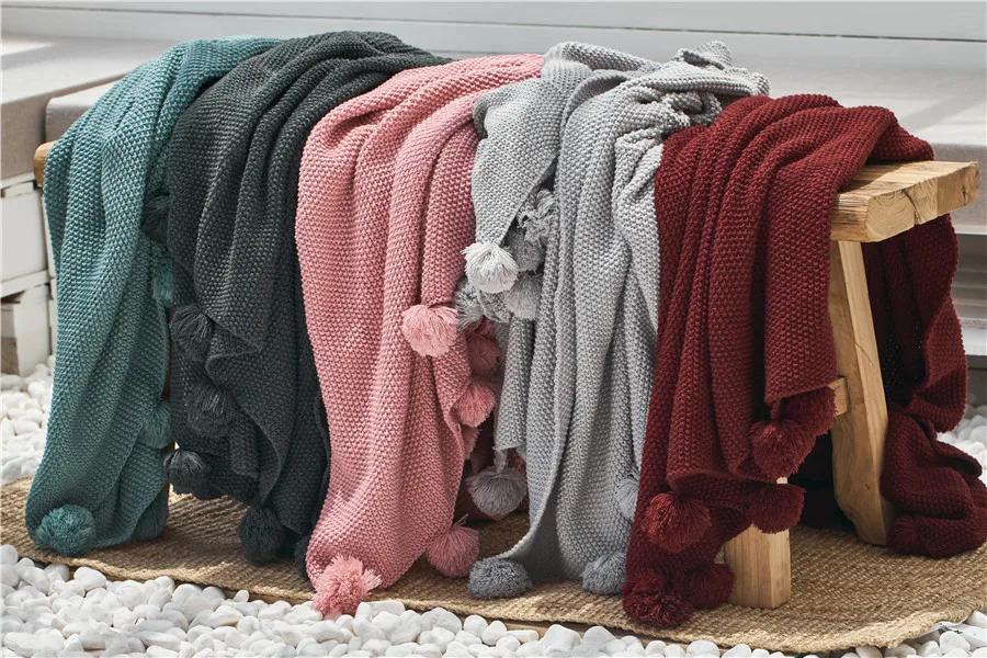 Акриловое одеяло на заказ, мягкое вязаное Флисовое одеяло с помпоном ABB01