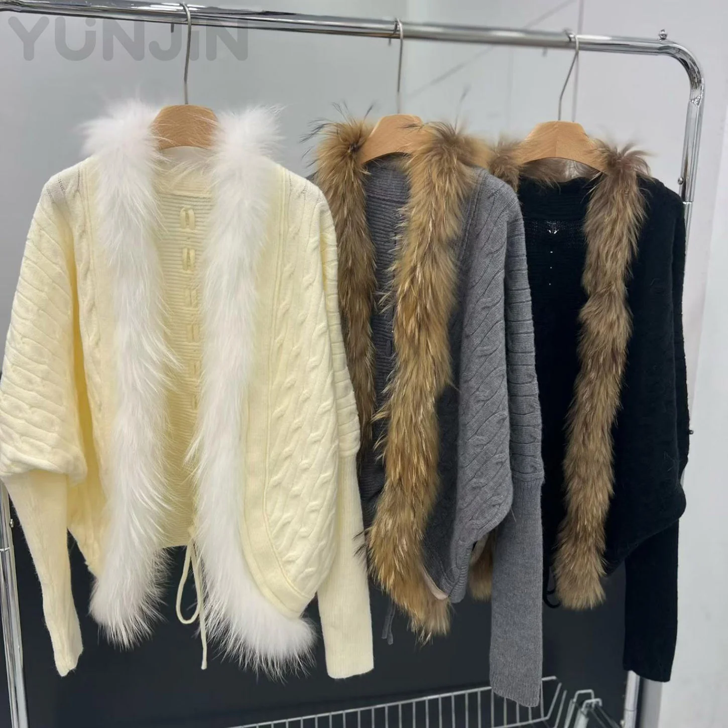 New Real Fox Fur Trim Cardigan Sweater Women's