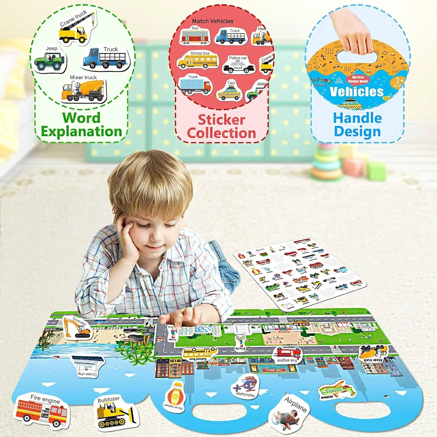 Reusable Sticker Book Waterproof Sticker for Girls Boys Road Trip Toddler Plane Train Car Travel Essential Toy (Vehicle/Space/Di