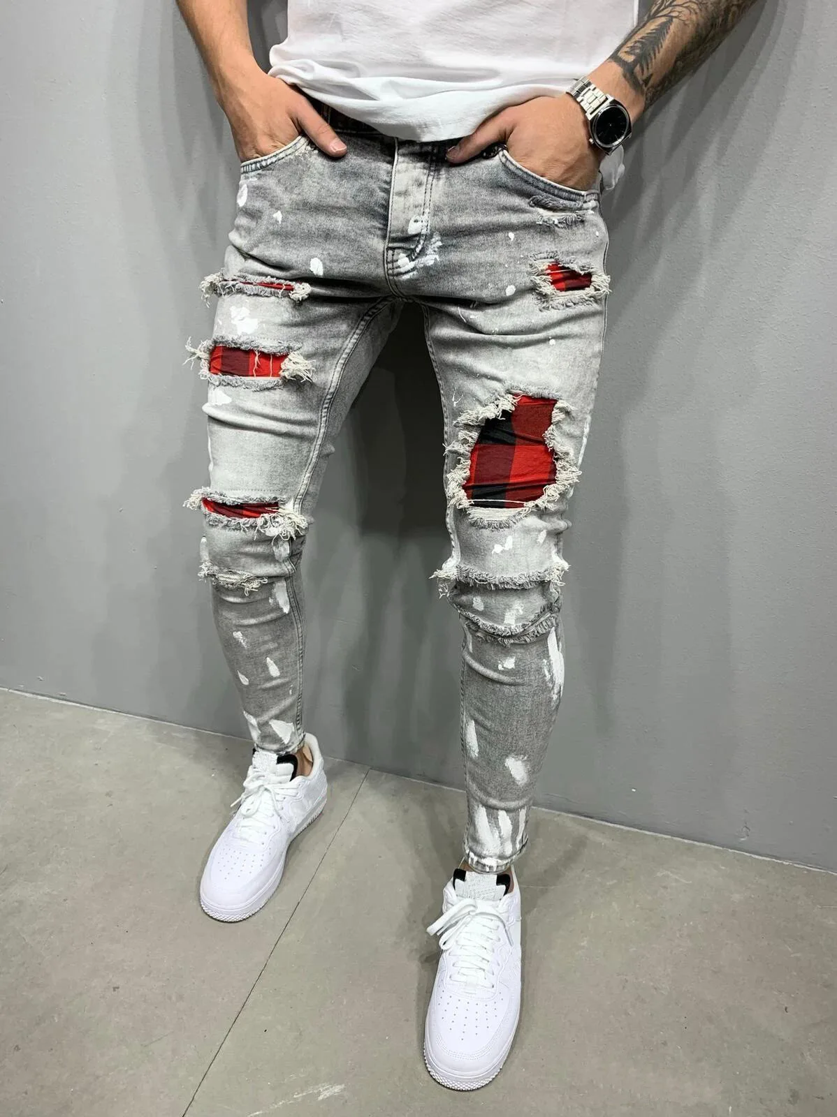 Newly Arrived Custom High Waist Skinny Jeans Patch Ripped Hole Men ...