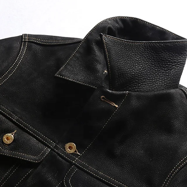 Turn-down Collar Men Cowhide Jacket Frosted Oil Wax Factory Direct Supply Casual Denim Leather Coat_voghion.com