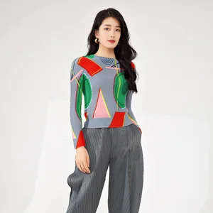 Miyake Women's Vintage Pleated Long Sleeve Top Stretch Printed Turtle Neck T-shirt in Plaid Pattern for Spring Summer Autumn