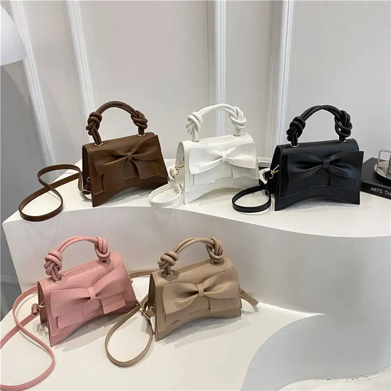 Autumn New Simple Solid Color Portable Shoulder Small Square Bag Texture Bow Casual Crossbody Women's Bag