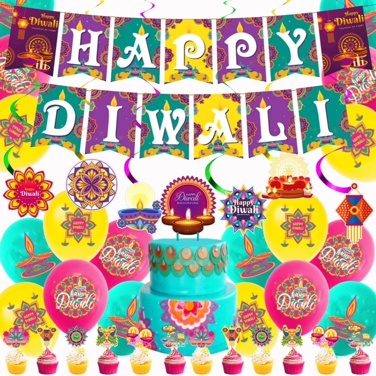 Hstyle Diwali Decorations Kits Happy Diwali Banner Latex Balloons Cake Topper Hanging Swirls Festival of Lights Party Supplies