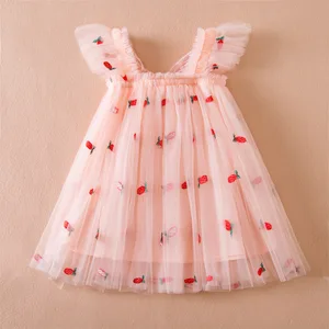 Boutique Summer Dress for Kids Casual Fly Sleeve Tulle Dress Cherry Print Dot Pattern for Toddler Butterfly Girl Princess