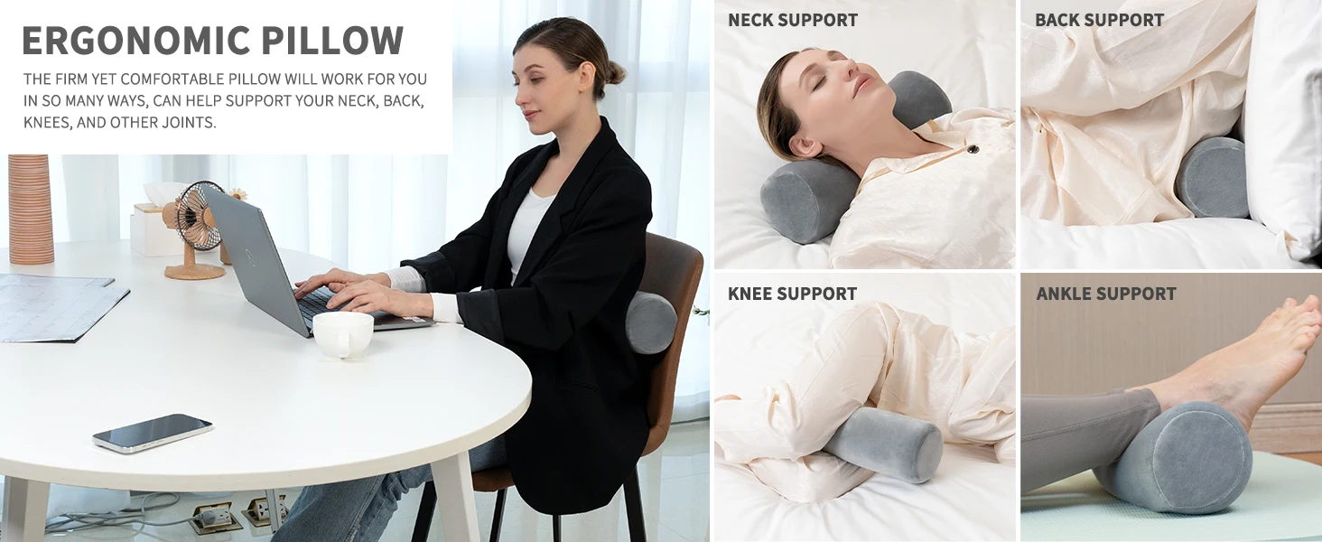 Gray Solid Color Wholesale OEM Long Bolster Style Neck Pillow Memory Foam Lumbar Roll Travel Support Pillow CE Adults Column