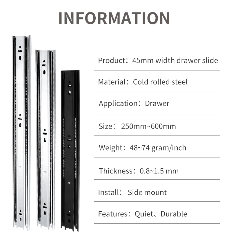 45mm White Zinc 3 Fold Metal Dotted Drawer Slide Track Quiet Ball