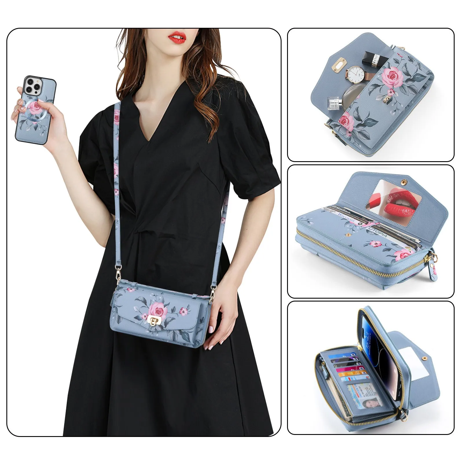 Flowers Painted RFID Protection Wallet Large Capacity for iPhone 15 14 for Samsung Cosmetic Bag Phone Cases With Mirror