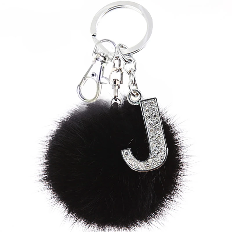 Fluffy Black Pompom Faux Rabbit Fur Ball Keychain Crystal Letters Key ...