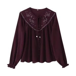 European and American Style Cute Women's Loose Fit Spring Floral 3D Beaded Embroidery Polyester Long Sleeve Shirt