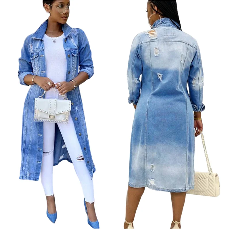 ジャケット・アウター 032c washed long-sleeve denim overcoat Womens Classic Long Jean Jacket Oversized Long Sleeve Button