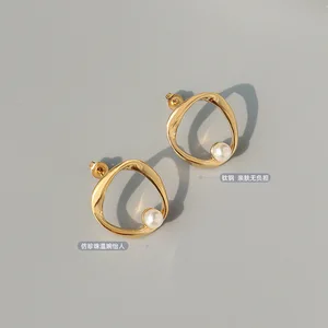 Hot Sale Gold Plated Uneven Stainless Steel Jewelry Irregular Geometric Studs Earrings Pearl Earring Women Fashion