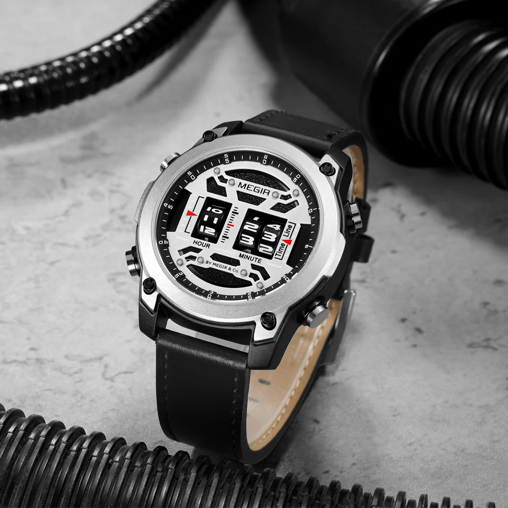 Montre Homme Megir 2142 Original Brand Luxury Leather Quartz Watch Drum  Roller Mens Watches