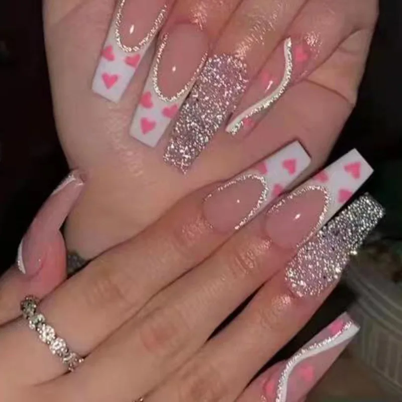 February Nail Ideas | Valentines Day Nails Rhinestone Pink Heart 3rdpartypeople