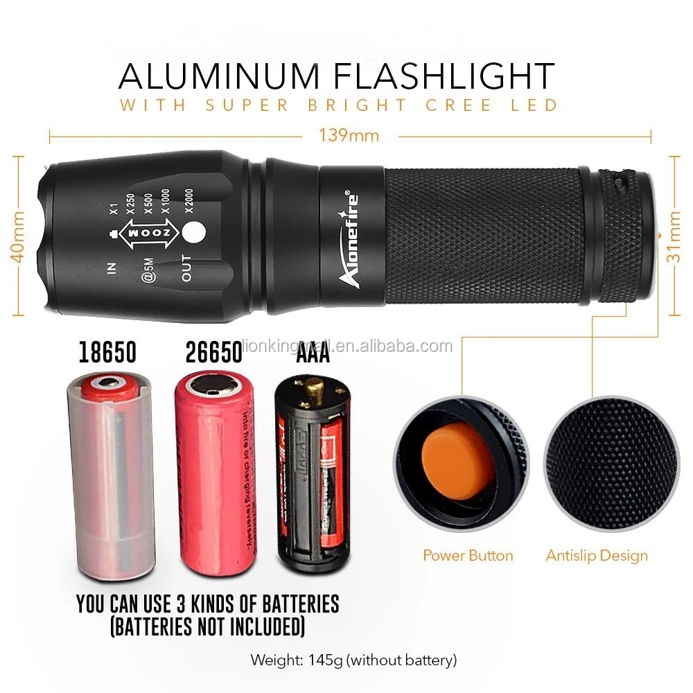 AloneFire X800 XM-L2 Led Zoom High Power Flashlight Spotlight Torch Lantern Work Camping Candle Light 18650 Rechargeable Battery