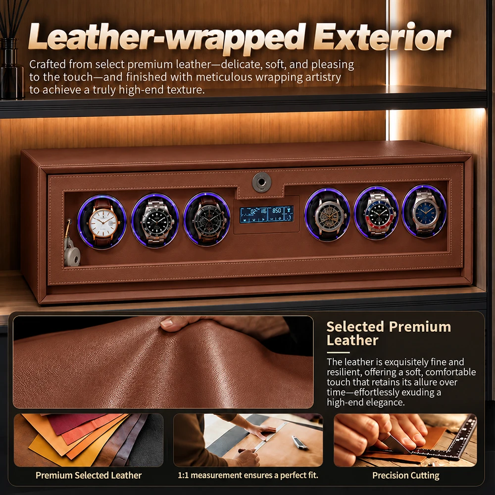 Wholesale Customized Logo 6 Slots Walnut Wood Grain Watch Display Box Automatic Watch Winder With Blue LED Light