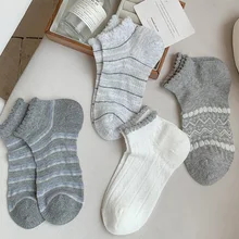 Fashion Sweet Grey Striped Short Women's Cotton Socks Spring Summer Mesh Ankle Socks for Girl Breathable Comfortable