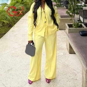 GX7169 Fashion 2026 Women Clothing Boutique Street Wear Long Sleeve Lace-up Shirt and Wide Leg Pant 2 Piece Set