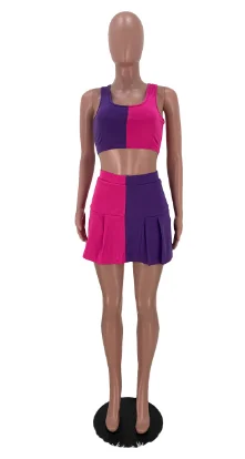 AC8291 2021 women clothing 5colors sports vest crop top with pleated mini skirt 2 tone sports two piece skirt set