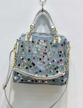 Fashionable women's bag, denim tote bag, diamond inlaid shoulder bag, woven large capacity crossbody canvas bag