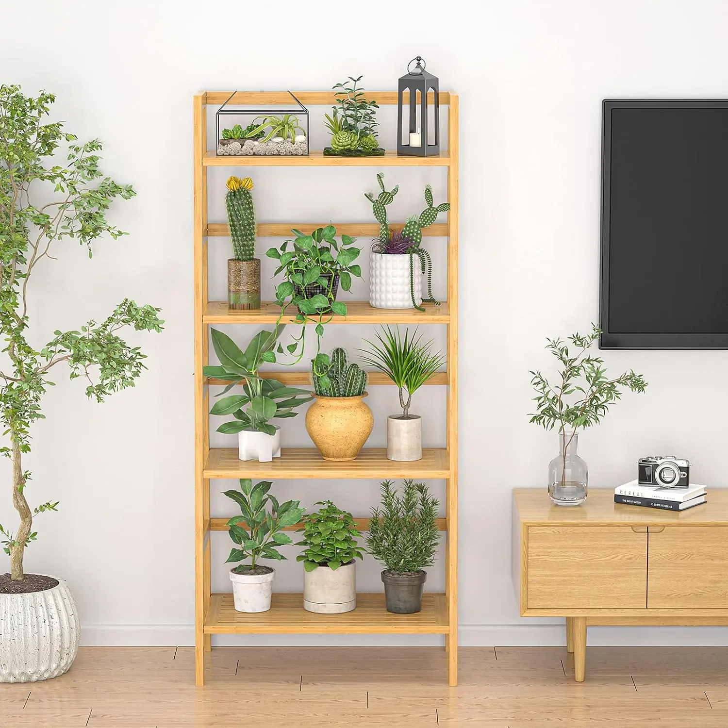 Freestanding Open Bookcase Book Shelf Bathroom Storage Shelves Unit Plant Stand Bamboo Bookshelf 4-Tier Ladder Shelf