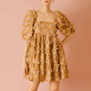 Brown Textured Mini Dress 3D Floral Knee Length Dress