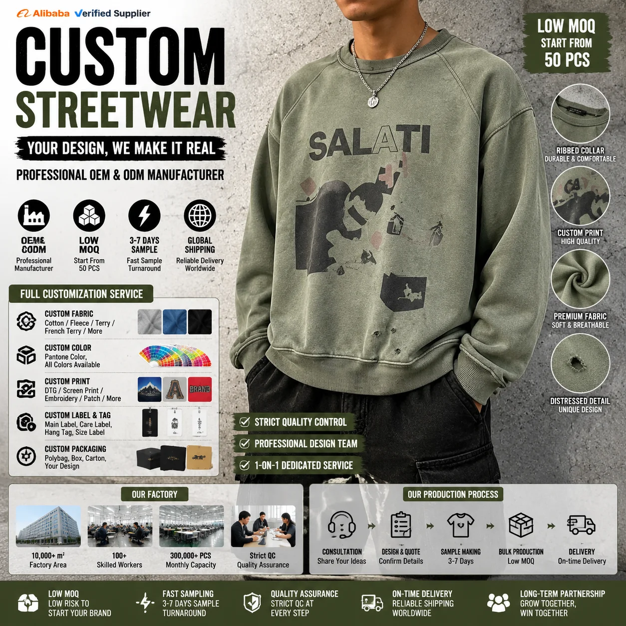 Custom Heavyweight Waffle Knit Men Crew Neck Sweatshirt Vintage Distressed Acid Wash Thermal Long Sleeve gallery 7