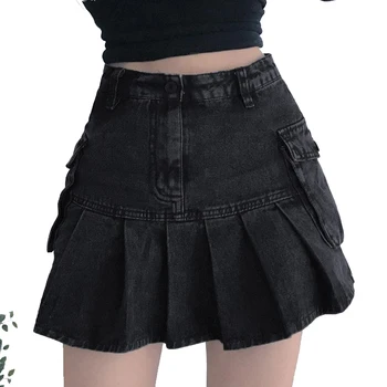 2021 Ladies Skirts Women New Fashion High Waisted Black Short Jeans Skirts Girls Denim A-line Pleated Skirt With Pockets