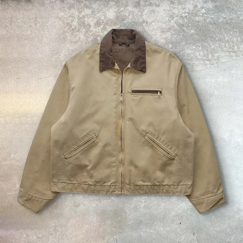 GINWEN Custom Khaki Wash Heavy Canvas Work Jacket Lined Vintage Worker Carpenter Jacket for Men