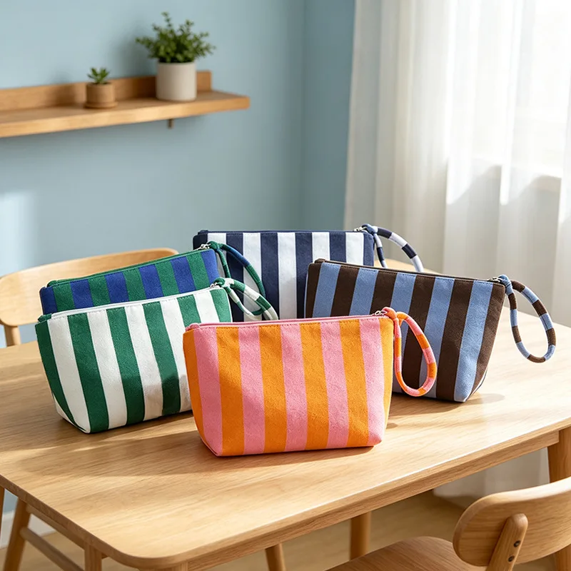Striped Towel Cloth Makeup Bag Handheld Travel Cosmetic Toiletry Pouch Zipper Storage Case