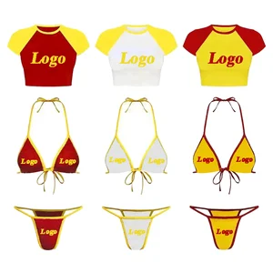 2026 Custom Fitness Sexy Women's 2-Piece Micro Brazilian Bikini Set Printed T-Shirt Matching Swimwear Beachwear Bathing Suit