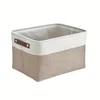 White and camel-colored patchwork cotton-linen EVA storage basket