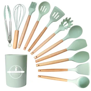 Hot sale kitchen tools gadgets silicone kitchen utensils set with wooden handle