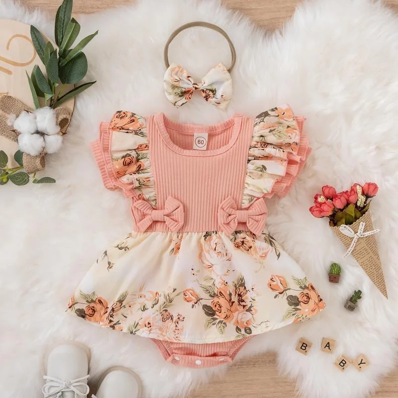 Hot Sale Summer Baby Girls Short Sleeve Romper Dress Infant Flower Jumpsuit With Hairband Fashion Baby Newborn Princess Clothes