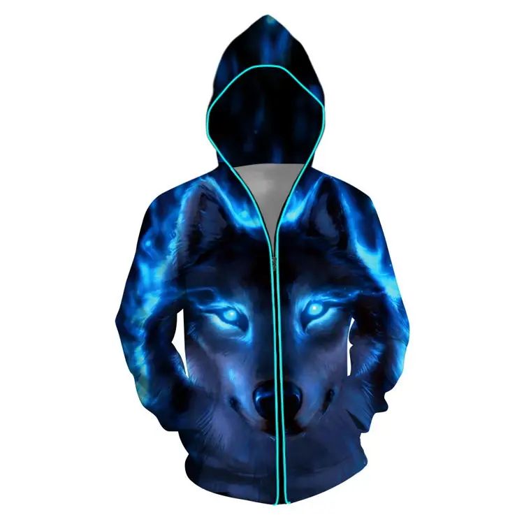 Personalized 3D Digital Printing Glowing Sweatshirt Long Sleeve Sweat Capuche Haute Qualite Zip up Sublimation Hip Hop Hoodie