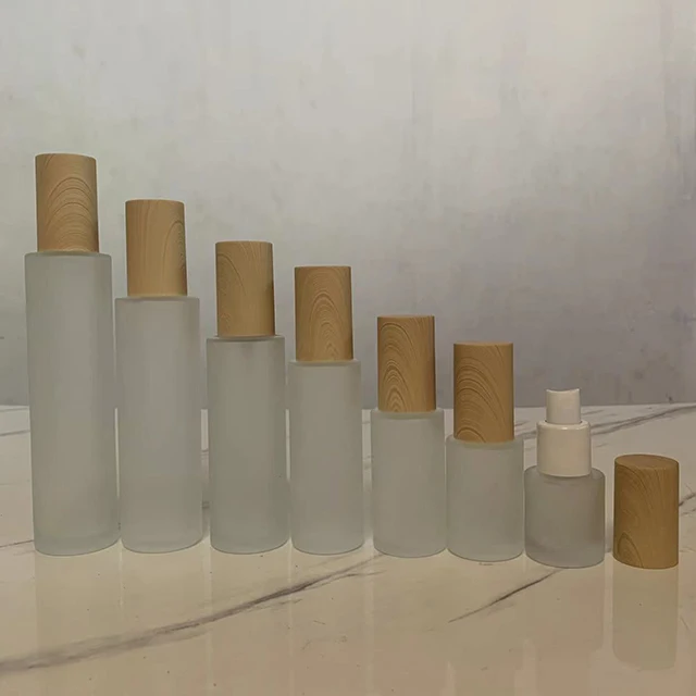 Hengjian 20ml 30ml 40ml 60ml 80ml 100ml 120ml Frosted Glass Cosmetic Lotion Toner Cream Bottle with Plastic Bamboo Pattern Cap
