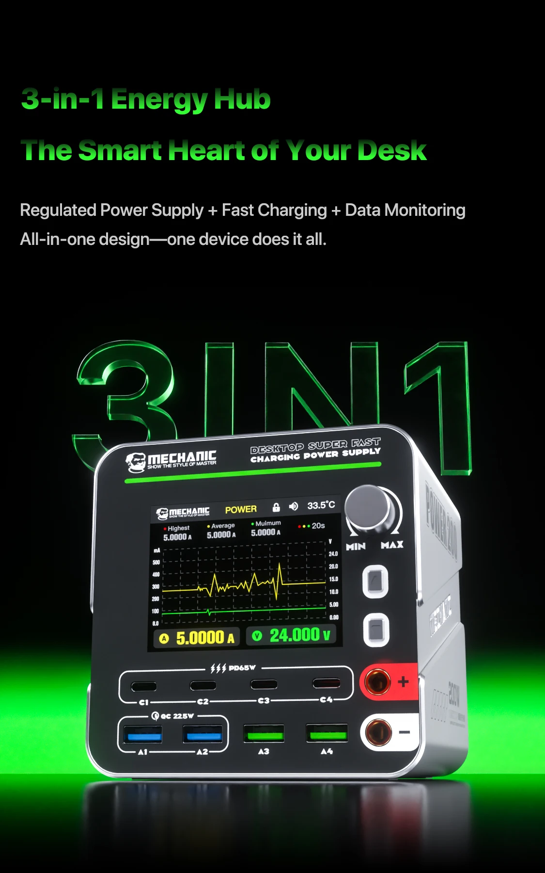 MECHANIC G-Power 200W Multiport Fast Charging Station Adjustable Power Supply Voltage Current Monitoring Power for Testing Tool