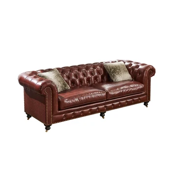 Italian Leather Sofa Set Living Room Furniture 3 Seater Luxury Wooden chesterfield distress leather sofa
