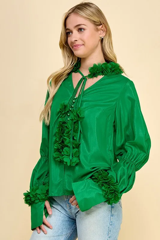 Ladies Romantic Flower Blouse-bubble Sleeve, Collar With 3d Flower Lace Decoration, Suitable For Travel And Vacation - Image 3