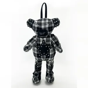 Custom Checker Fabric Bear Backpacks Womens Gothic Bags With Rivets Punk Star Teddy Backpack